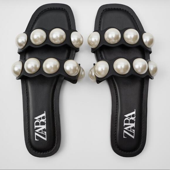 Zara Large Faux Pearl Slide Leather Sandals. - Picture 1 of 11